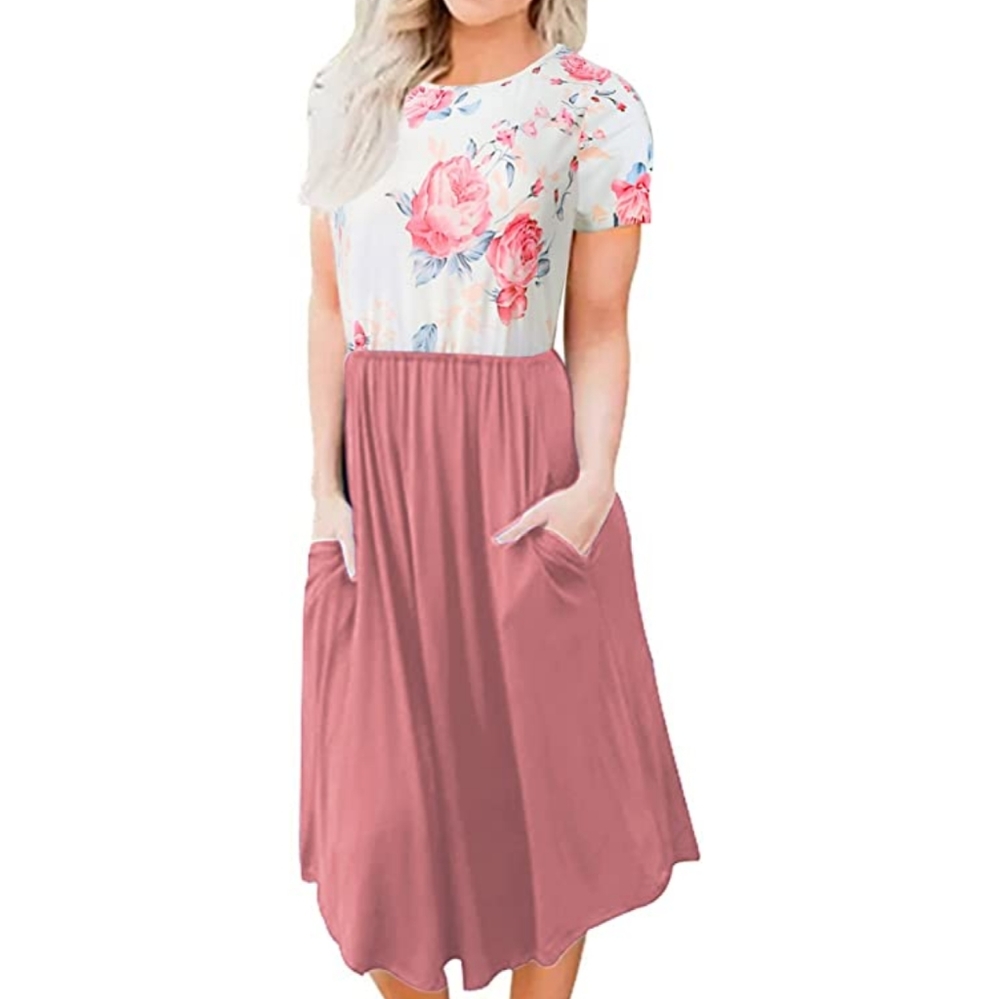 Short Sleeve Floral Print Elastic Waist Dress